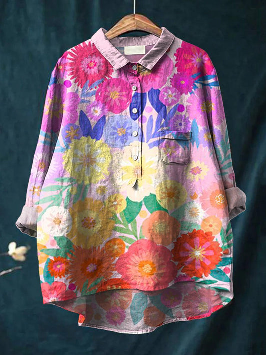 Women's Watercolor Flowers Floral Art Print Casual Cotton And Linen Shirt