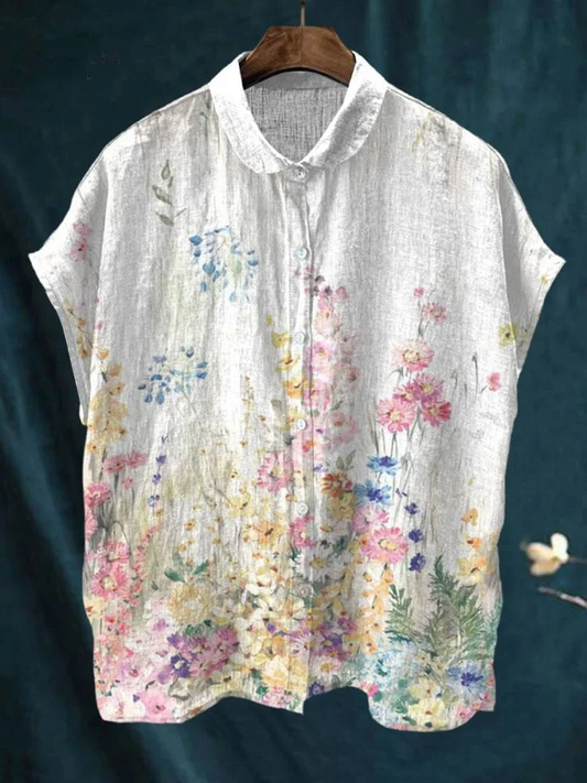 Women's Vintage Botanical Floral Print Casual Cotton Linen Shirt