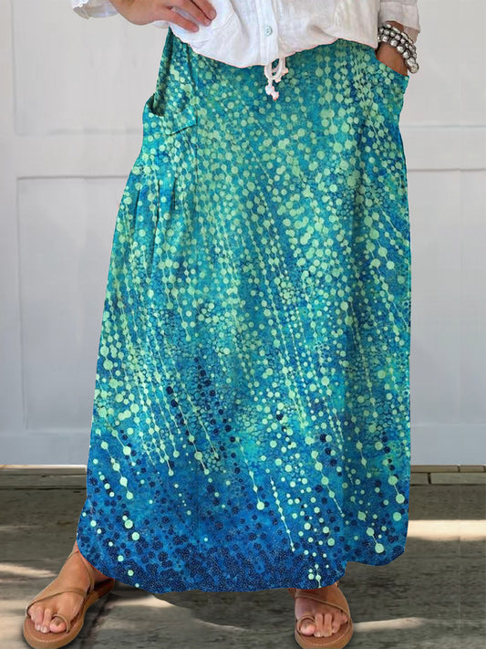 Women's Polka Dot Line Art Print Linen Pocket Skirt