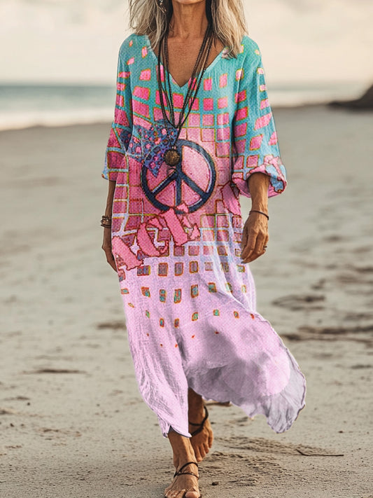 Women's Hippie Art Print Pocket Cotton Dress