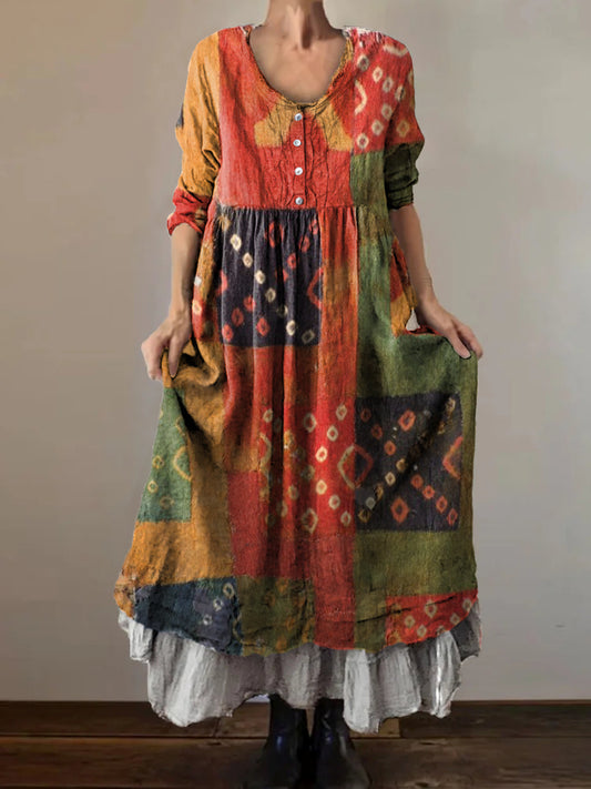 Women's Bohemian Patchwork Art Print V-Neck Button Pocket Cotton Dress