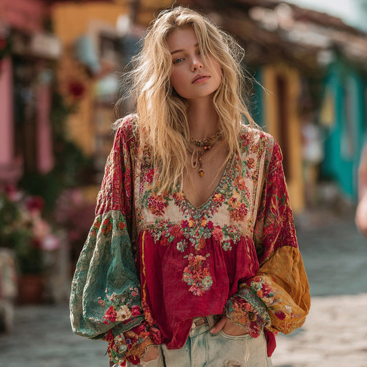 Women's Bohemian Ethnic Floral Colorblock Art Linen Blend V-neck Shirt