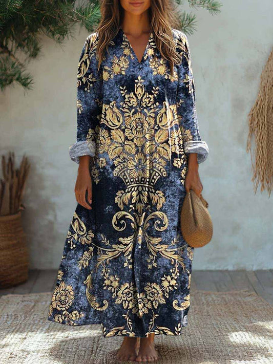Women'S Vintage Floral Pattern Long-Sleeved Cotton And Linen Dress