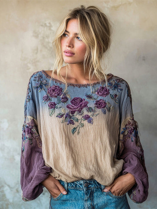 Boho Romantic Floral Embroidery Gradient Women's Linen Loose Shirt