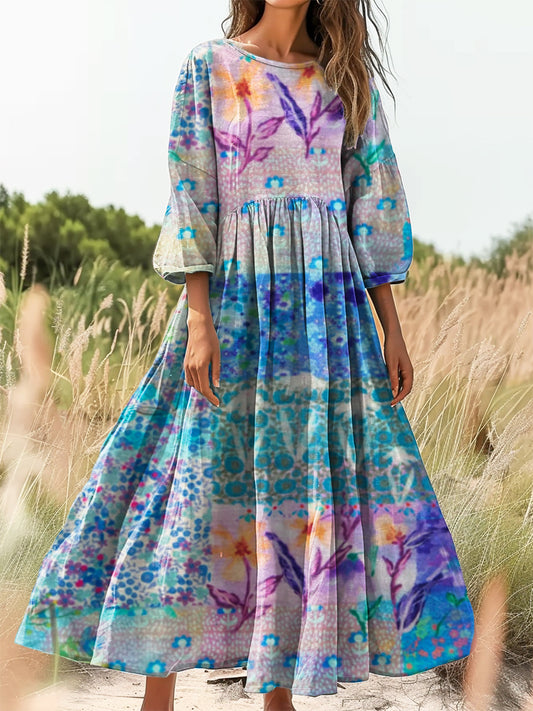 Women's Vintage Floral Art Print Flowy Cotton Crew Neck Dress