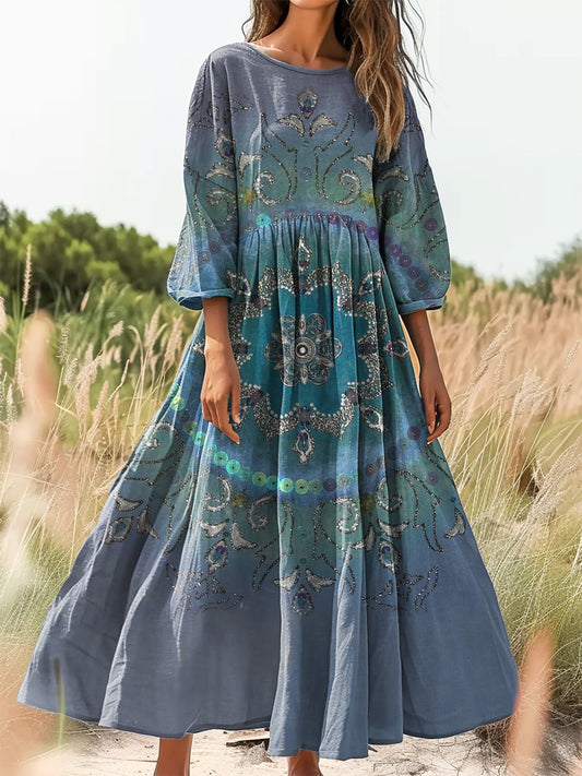 Women's Vintage Ethnic Floral Art Print Flowy Cotton Dress