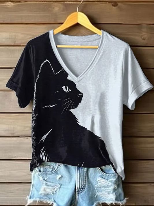 Women's Animal Print Cat Short Sleeve V Neck T-shirt