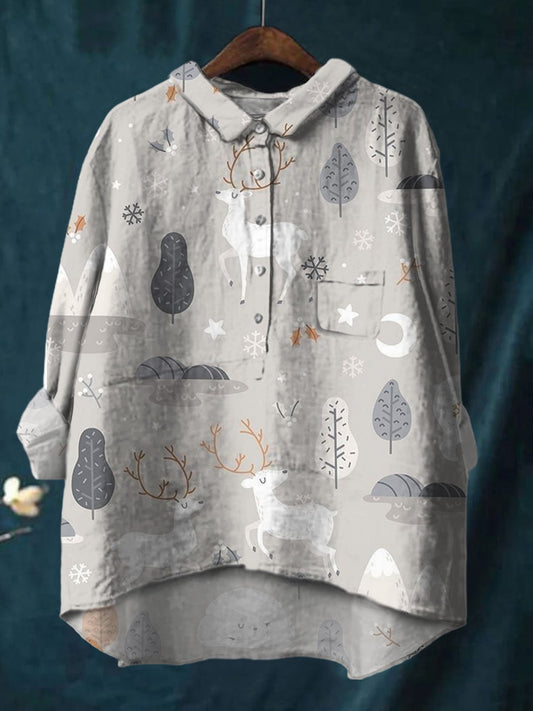 Simple Cute Deer Painting Printed Cotton And Linen Shirt