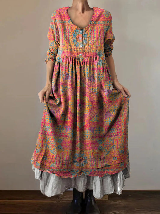 Women's Vintage Ethnic Totem Art Print V-Neck Button Pocket Cotton Dre