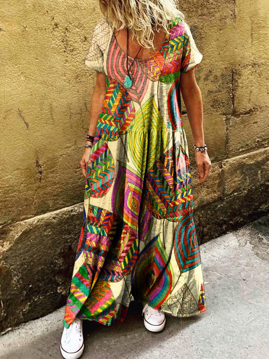 Women's Boho Vintage Colorful Leaf Art Print Pocket Short Sleeve Cotto