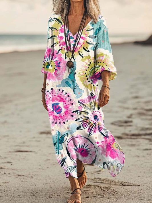 Women's Floral Print Art Print Pocket Cotton Dress