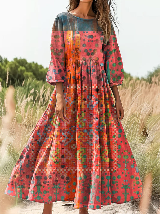 Women's Vintage Ethnic Floral Art Print Flowy Cotton Crew Neck Dress
