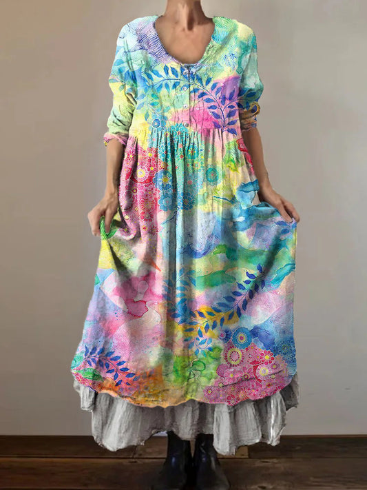 Women's Art Painting Hippie Vintage Print V-Neck Dress
