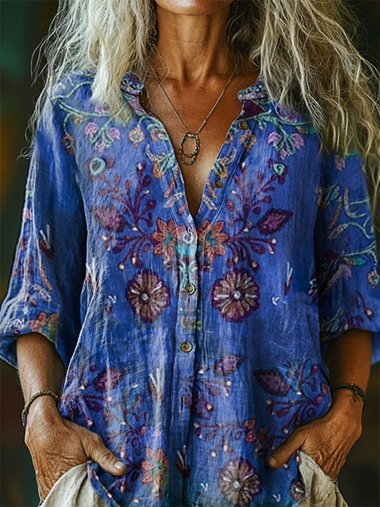 Women's Vintage Floral Pattern Art Print Casual Cotton Linen Shirt