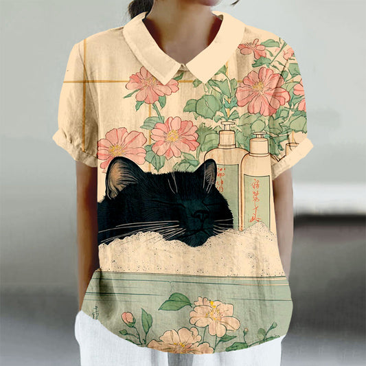 Vintage Black Cat In A Bathtub Japanese Art Linen Shirt