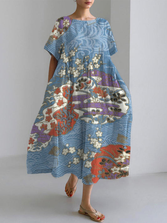 Vintage Japanese Art Sea Wave Linen Blend Maxi Dress