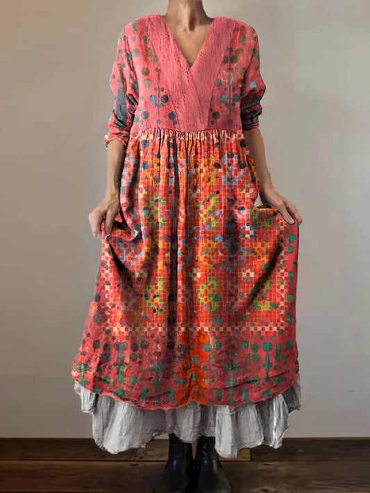 Women's Ethnic Totem Art Pattern Print V-Neck Pocket Cotton Dress