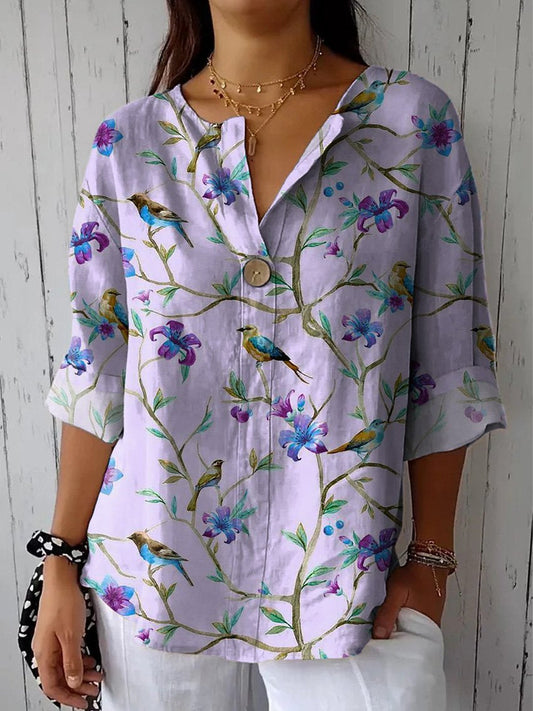 Watercolor Summer Bird And Floral Pattern Printed Women's Casual Cotton Linen Shirt
