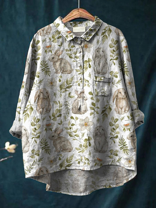 Watercolor Rabbit In Meadows Field Pattern Printed Women's Casual Cotton And Linen Shirt