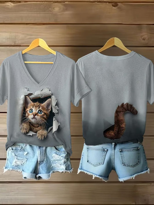 Women's Animal Print Cat Short Sleeve V Neck T-shirt