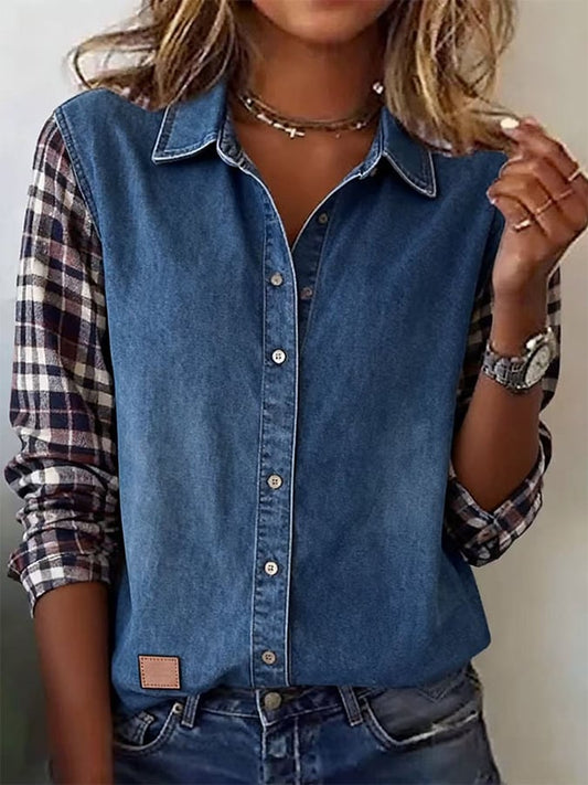 Women's Casual Lapel Plaid Splicing Shirt 