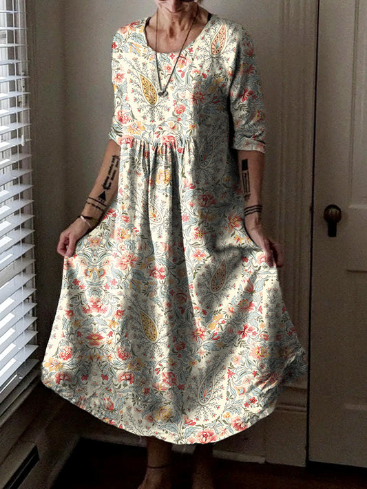 Women's Retro Paisley Floral Art Print Pocket Cotton Dress