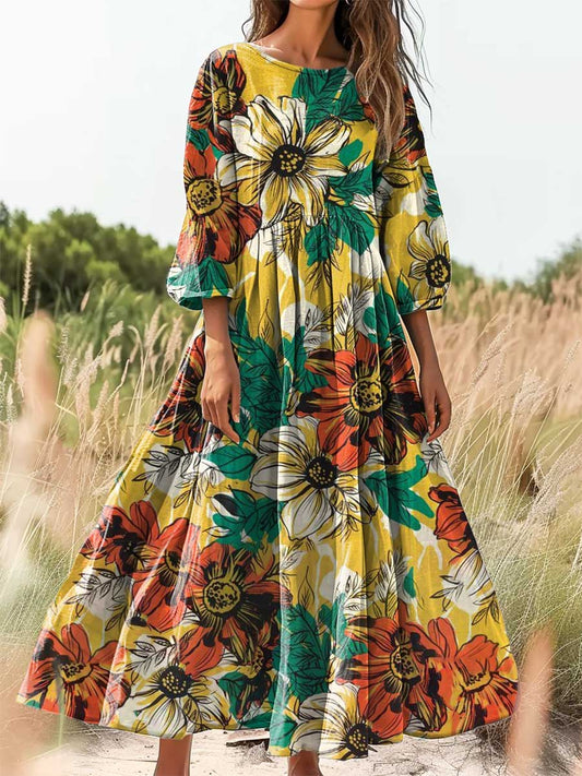 Women's Floral Art Print Cotton Crew Neck Dress