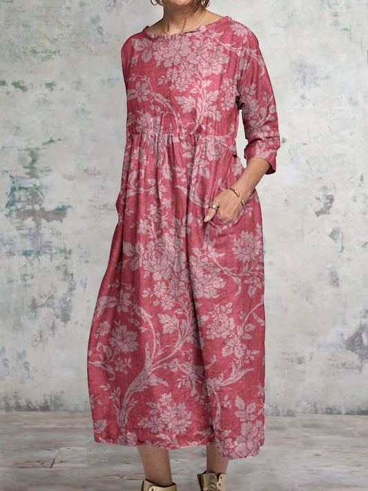 Women's Classic Floral Pattern Round Neck Cotton and Linen Top with Pockets
