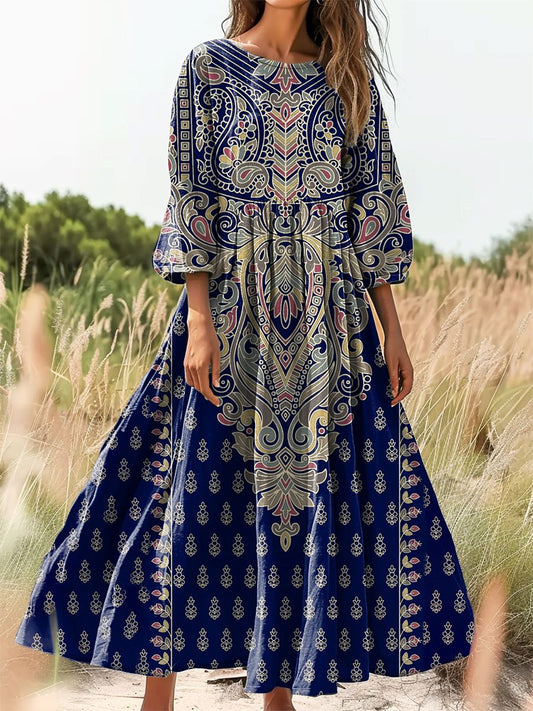 Women's Ethnic Tattoo Pattern Art Print Cotton Round Neck Dress