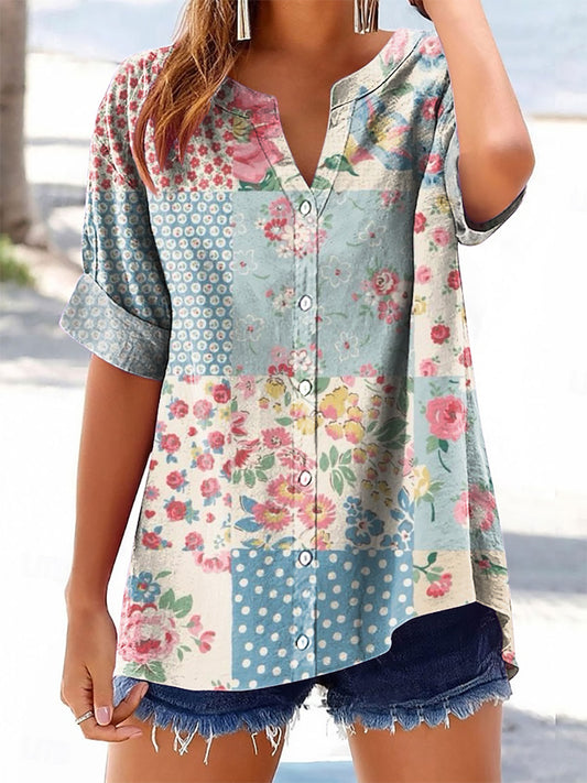 Women's Vintage Floral Patchwork Art Printed Casual Short Sleeve Cotto