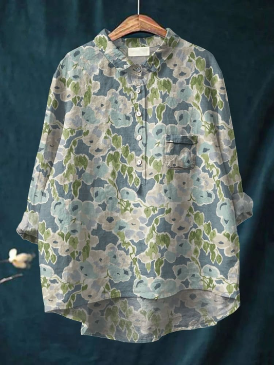 Women's Flower Art Print Casual Cotton And Linen Shirt