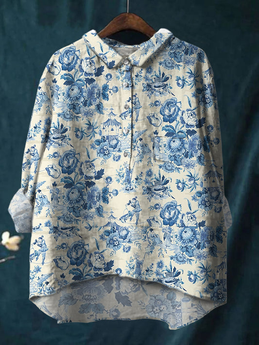 Elegant Ink Painting Flower Pavilion Printed Cotton And Linen Shirt