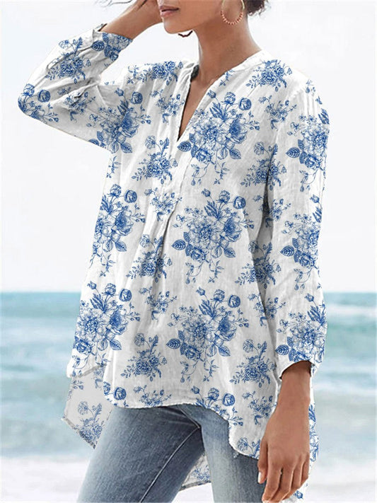 Women's Vintage Lovely Floral Art Print Casual Linen V-neck Shirt