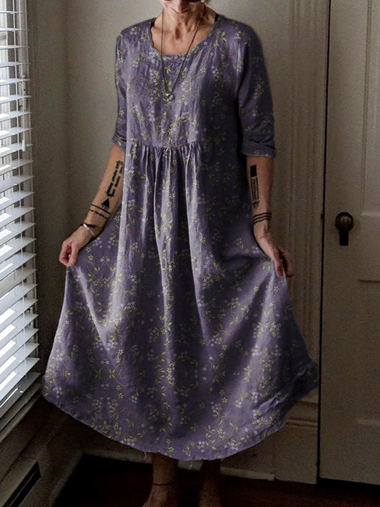 Women's Vintage Floral Art Print Pocket Cotton Dress