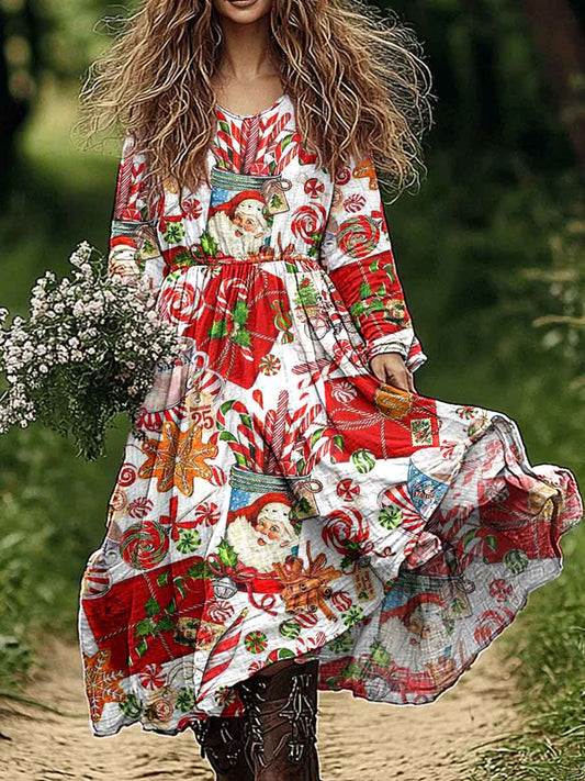 Women's Christmas Santa Floral Pattern Cotton and Linen Dress