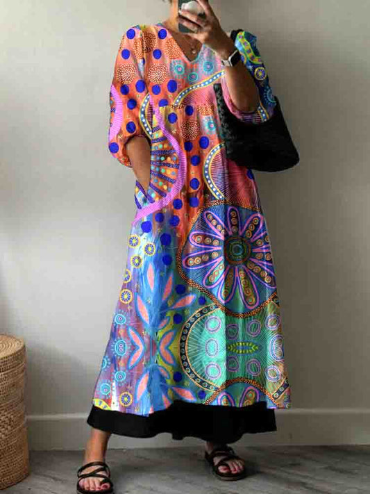 Women's Artistic Flower Color Block Pattern Cotton Dress