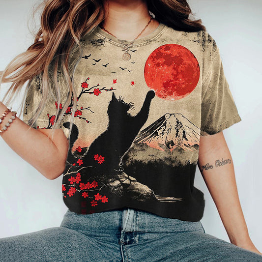 Black Cat Mount Fuji Sunrise Japanese Art T Shirt