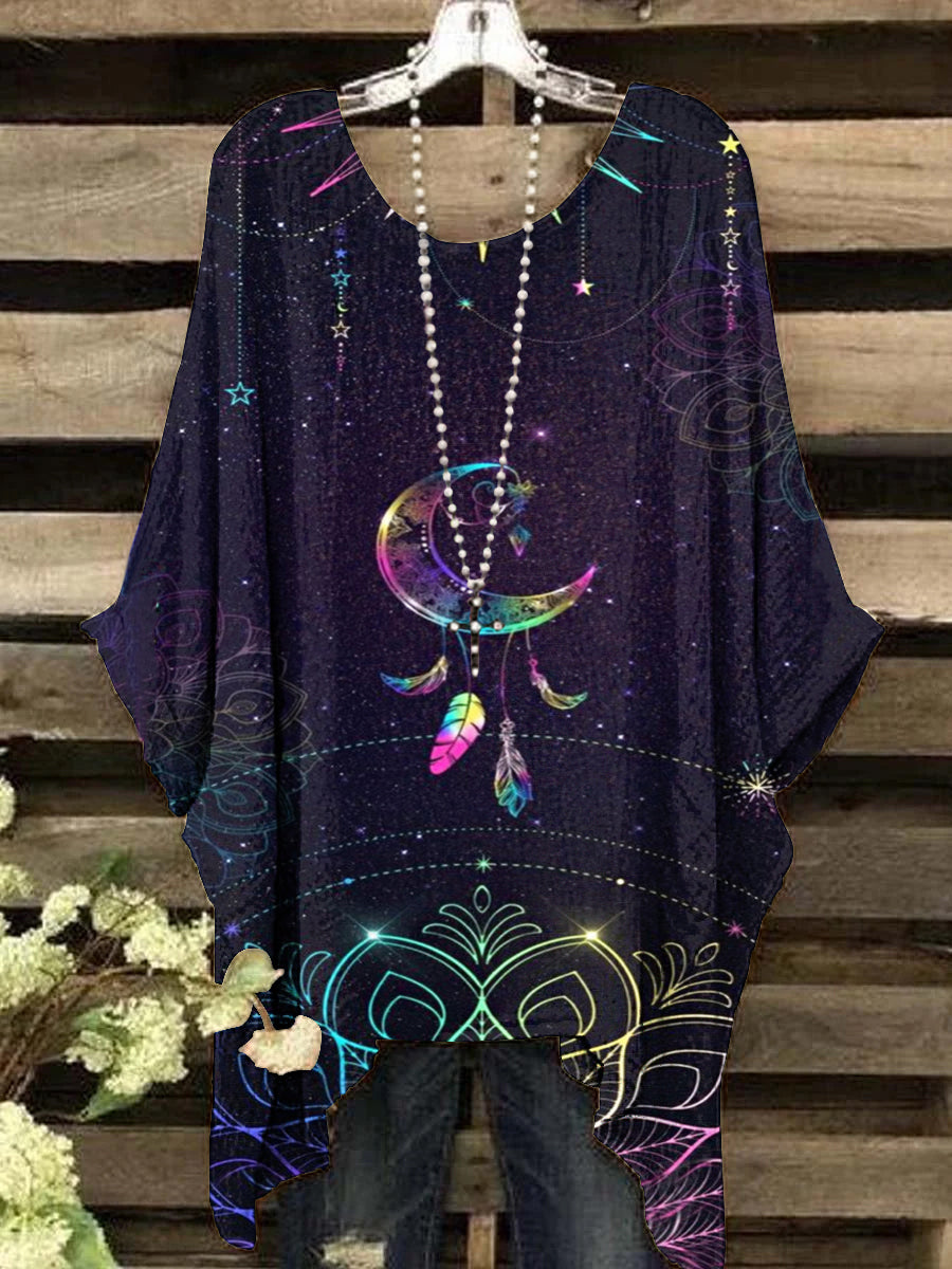 Women's Vintage Moon Dreamcatcher Pattern Crew Neck Top
