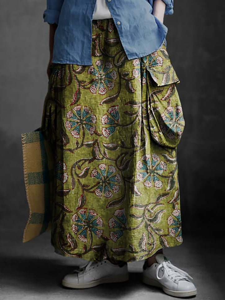 Women's Folk Art Floral Print Casual Cotton and Linen Pocket Skirt