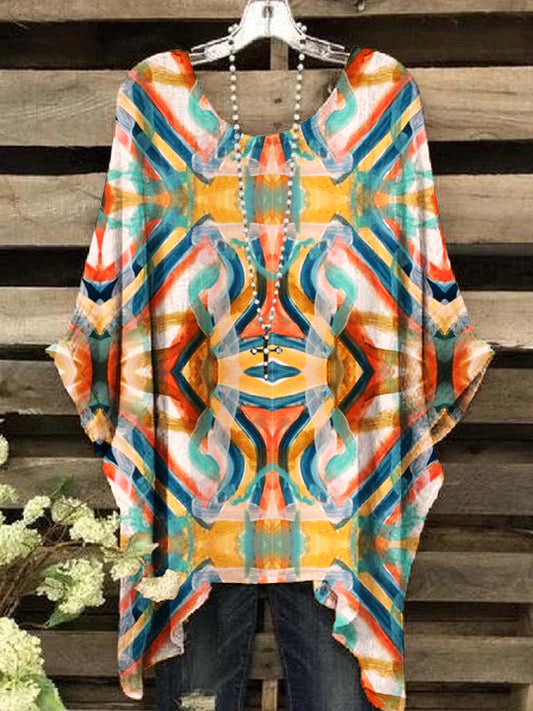 Women's Vintage Ethnic Style Geometric Pattern Round Neck Top