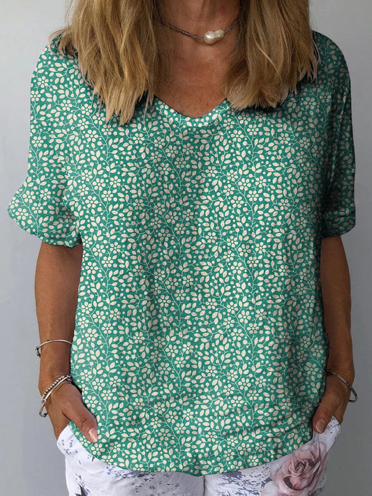 Women's Small Green Floral Print Print Casual Cotton And Linen Shirt