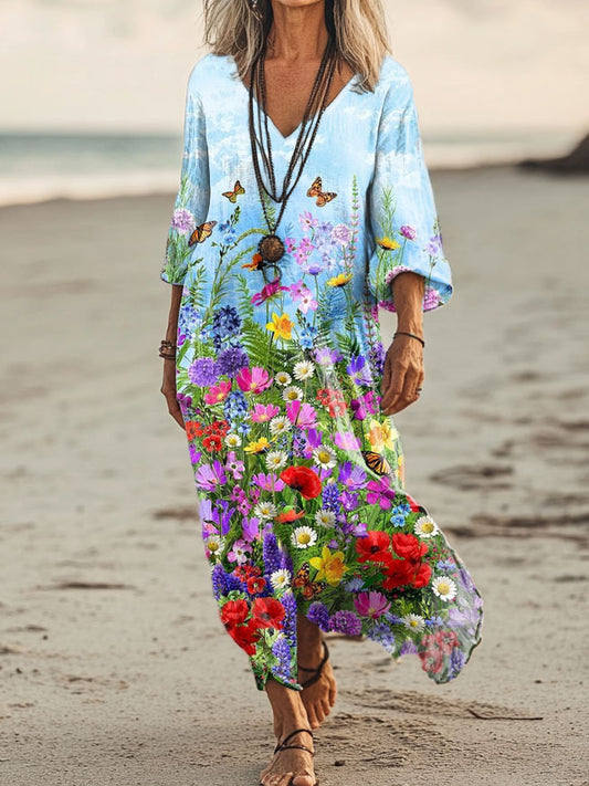 Women's Floral Art Print Pocket Cotton Dresses