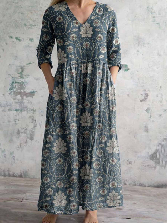 Women's Elegant Vintage Floral Pattern Cotton and Linen Dress with Poc