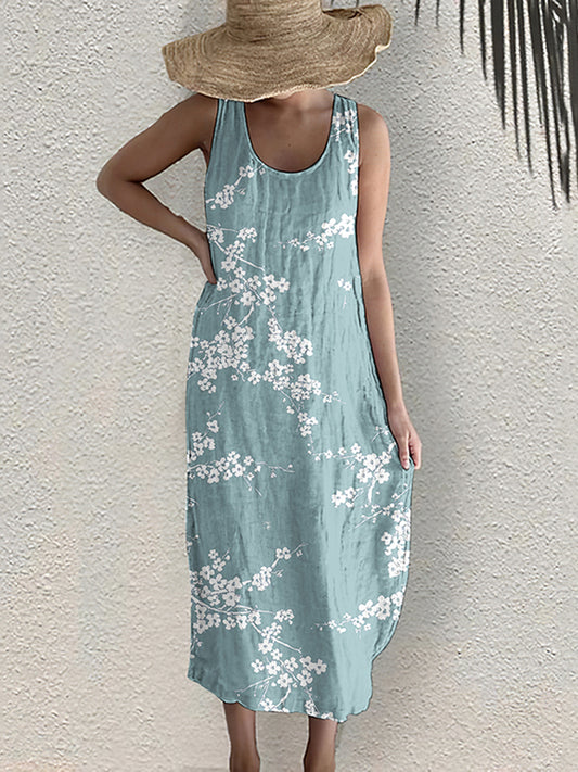 Cherry Blossom Japanese Print Sleeveless Linen Blend Midi Dress