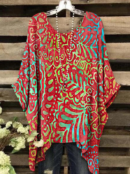 Women's Vintage Ruby Irregular Pattern Round Neck Top