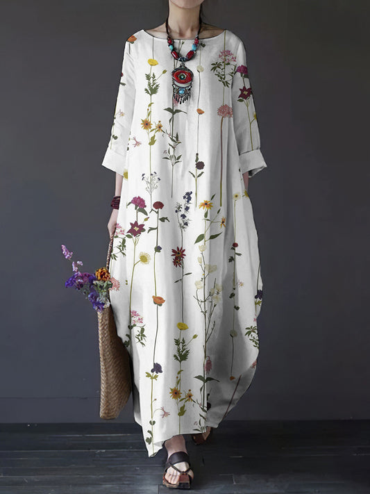 Casual Crew Neck Floral Art Print Cotton Linen Maxi Dress