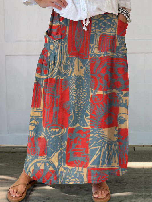 Women's Bohemian Ethnic Collage Art Pattern Print Linen Pocket Skirt