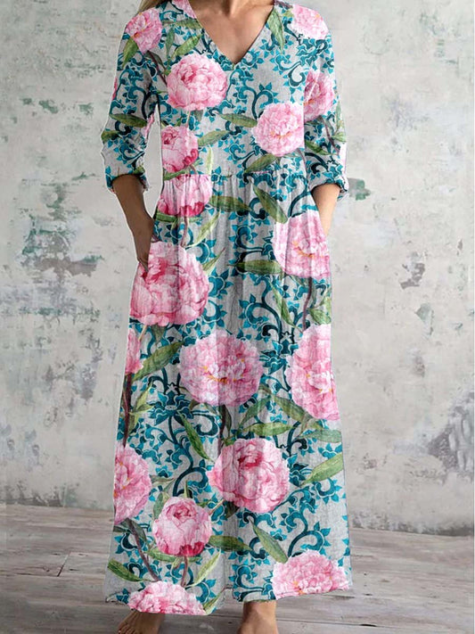 Women's Rose Floral V-Neck Resort Dress