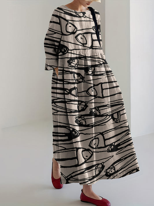 Women'S Vintage Fish Art Printed Casual Long Sleeve Midi Dress