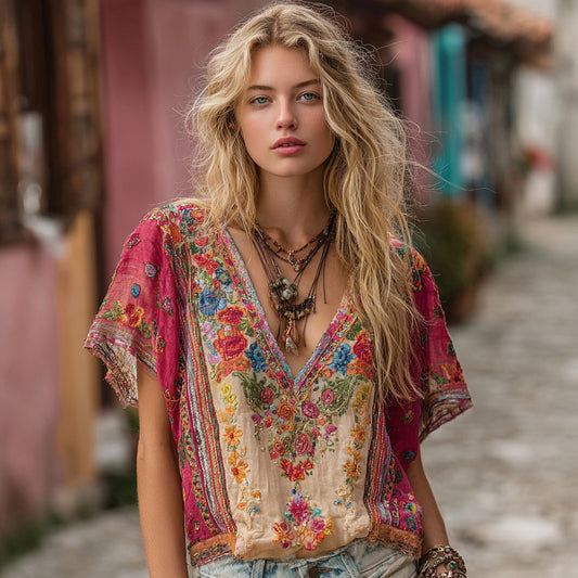 Women's Floral Embroidery Art Boho Colorblock Linen Blend V-neck T-shirt
